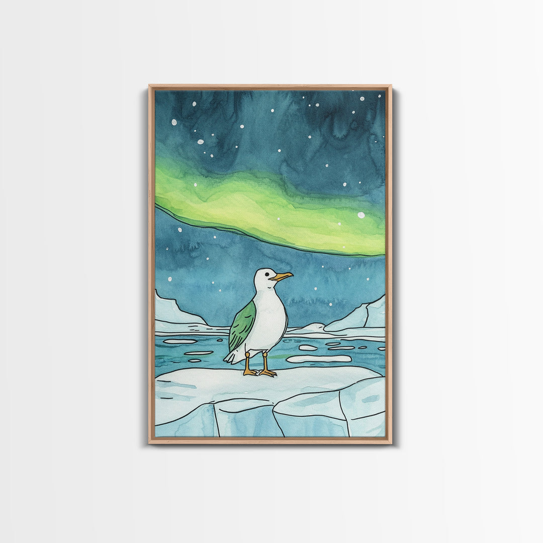 Seagull On Ice Under Aurora Wall Art, Arctic Coastal Bird Print, Ocean Nursery Decor, Nautical Bathroom Art, Beach House Decor