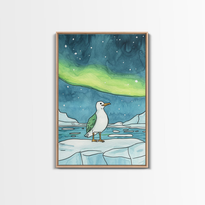Seagull On Ice Under Aurora Wall Art, Arctic Coastal Bird Print, Ocean Nursery Decor, Nautical Bathroom Art, Beach House Decor