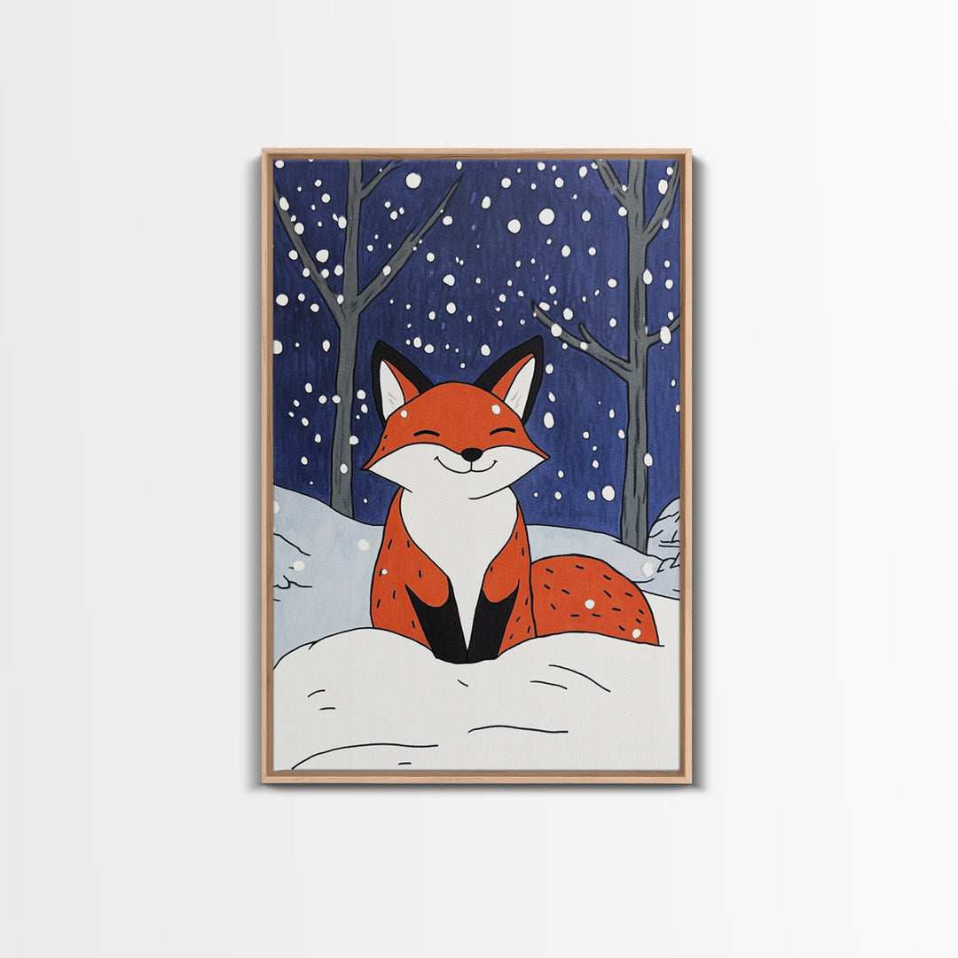 Smiling Red Fox In Falling Snow Wall Art, Cute Woodland Animal Art Print, Winter Nursery Decor, Whimsical Kids Room Decor