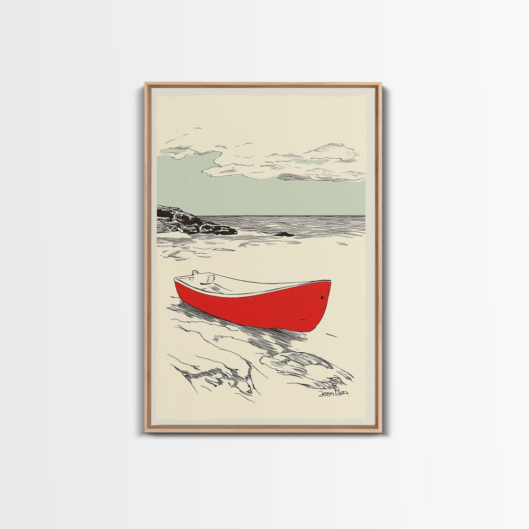 Red Rowboat On Rocky Shore Wall Art, Nautical Coastal Print, Beach House Decor, Seascape Wall Art, Lake House Gift For Him