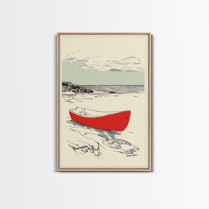 Red Rowboat On Rocky Shore Wall Art, Nautical Coastal Print, Beach House Decor, Seascape Wall Art, Lake House Gift For Him