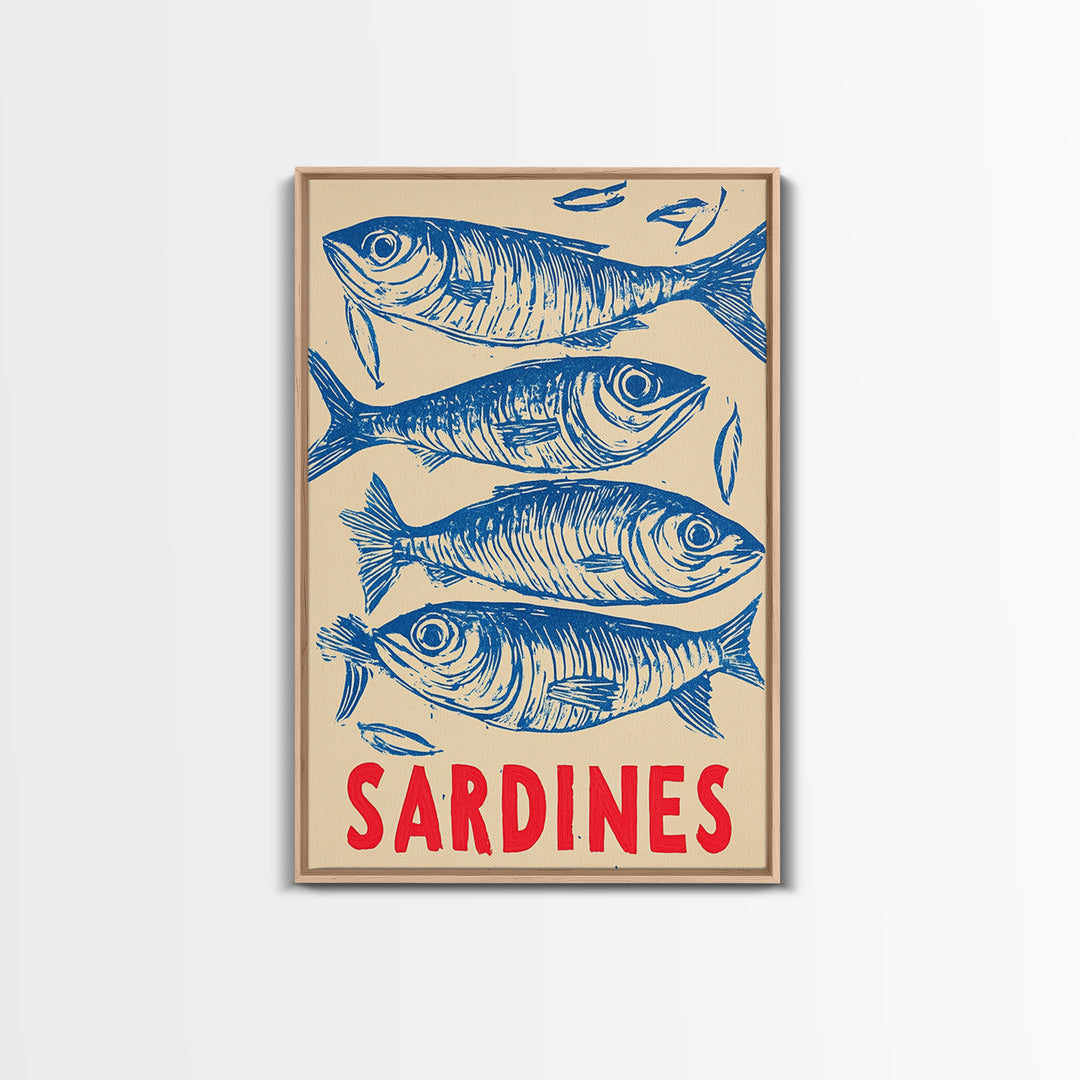 Blue Sardines Seafood Poster Canvas Print, Coastal Kitchen Wall Art, Nautical Wall Decor, Ocean Fish Art For Home Decor Gift