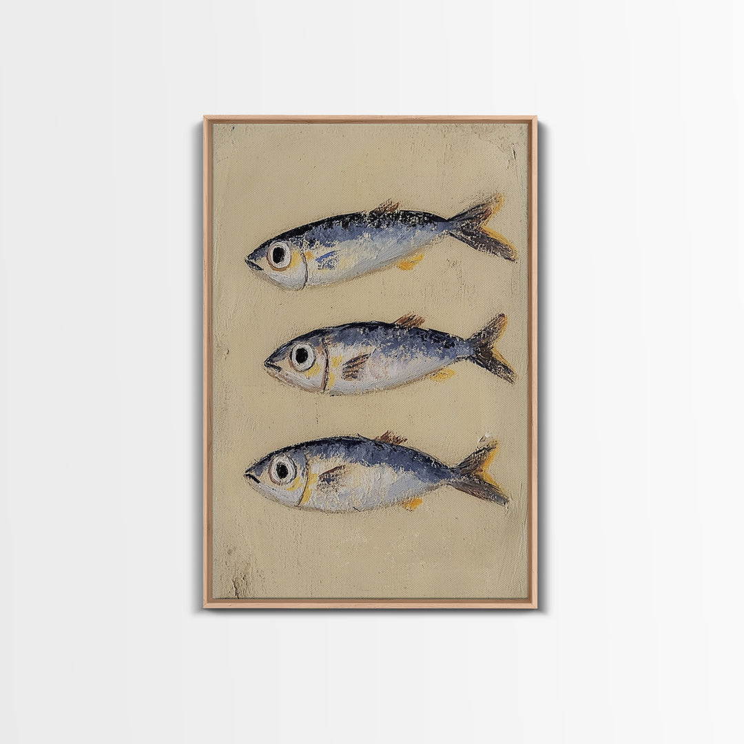 Three Silver Sardine Fish Painting Wall Art, Coastal Kitchen Decor, Nautical Sea Life Canvas, Beach House Gift Print For Home Decor