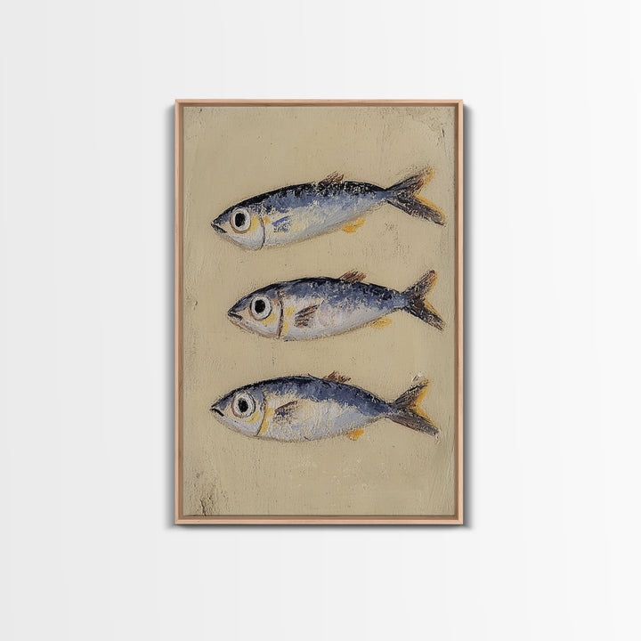 Three Silver Sardine Fish Painting Wall Art, Coastal Kitchen Decor, Nautical Sea Life Canvas, Beach House Gift Print For Home Decor