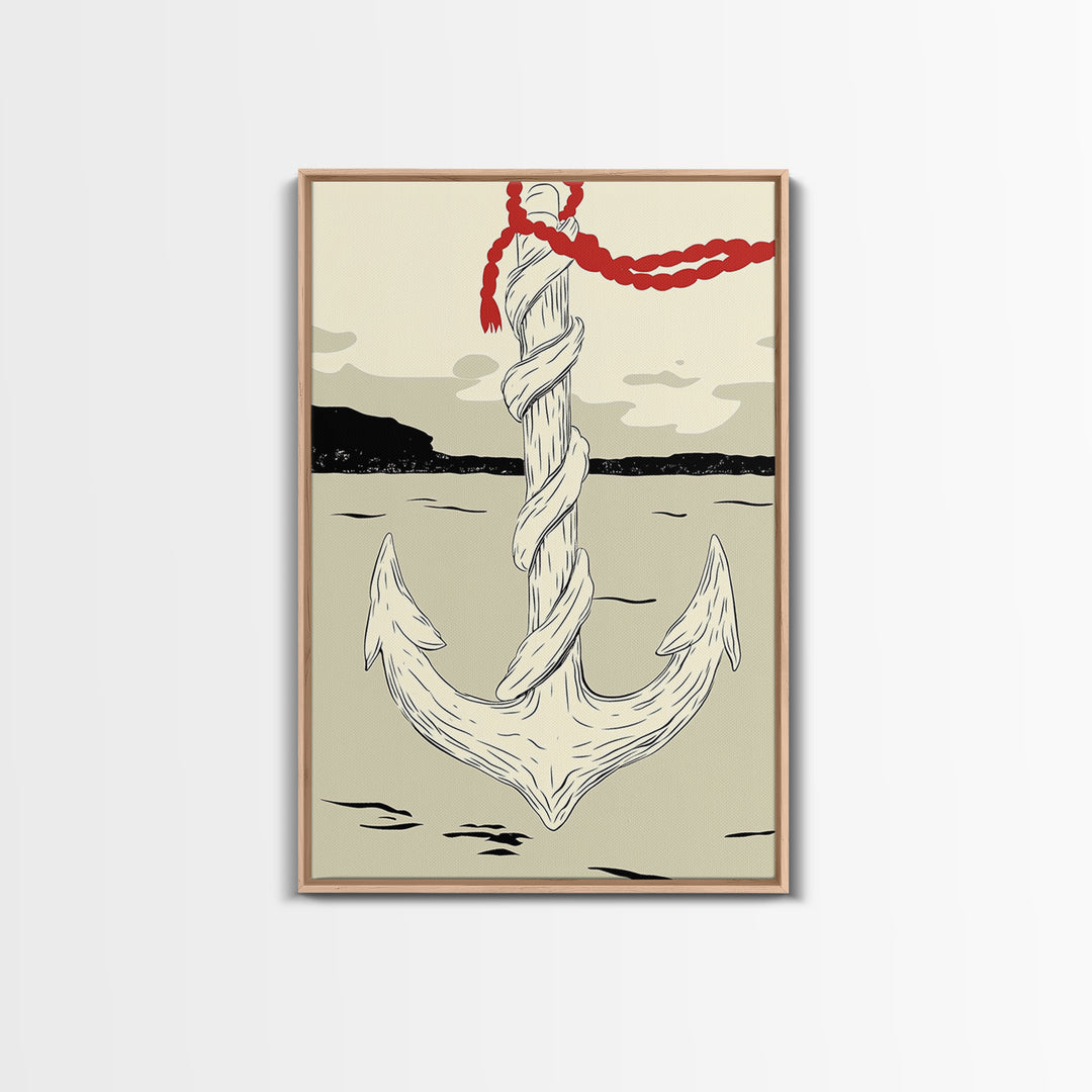 White Rope Anchor Illustration Wall Art, Nautical Coastal Decor, Beach House Canvas Print, Seaside Gift For Him, Ocean Wall Decor
