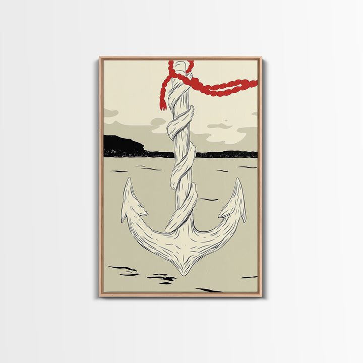 White Rope Anchor Illustration Wall Art, Nautical Coastal Decor, Beach House Canvas Print, Seaside Gift For Him, Ocean Wall Decor