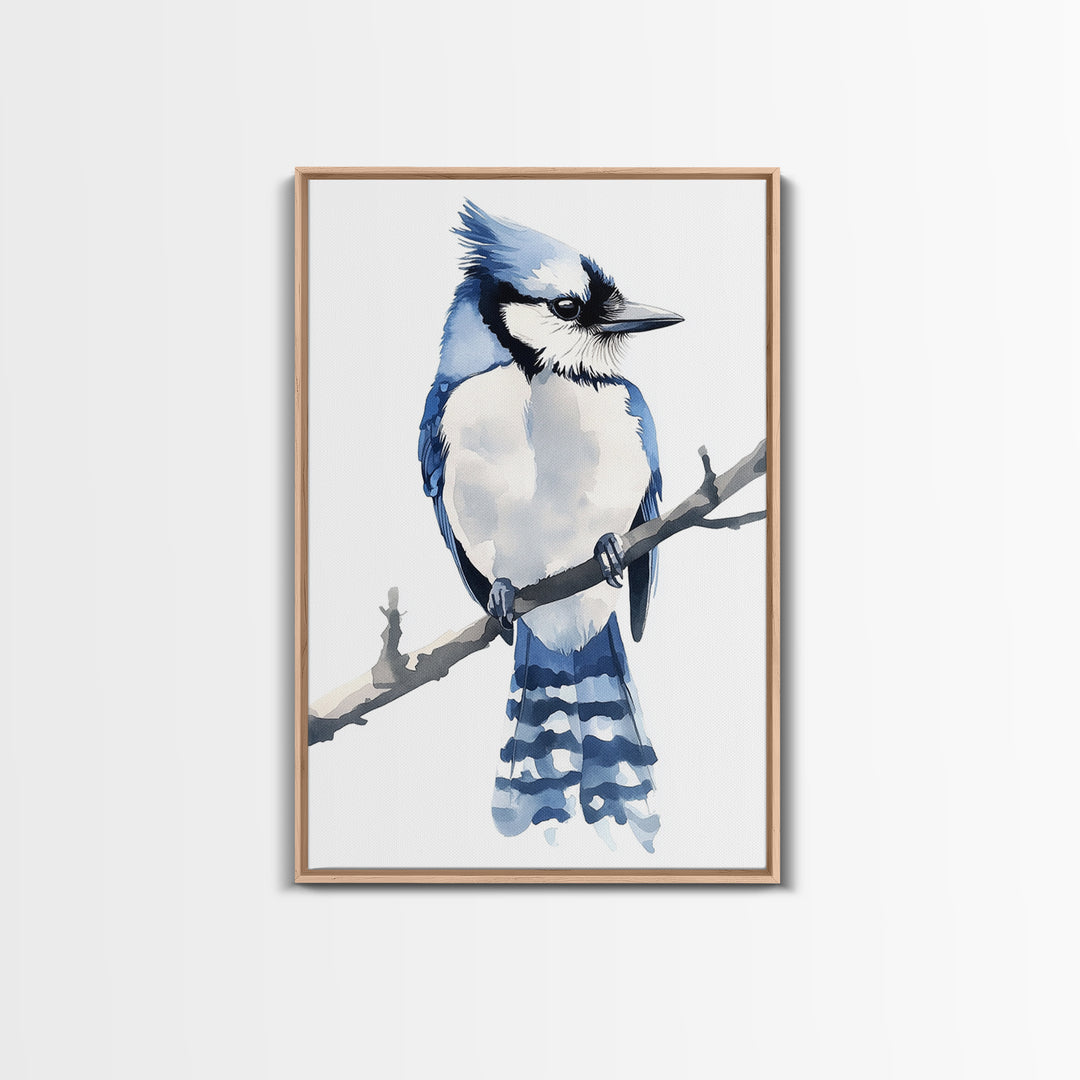 Blue Jay Bird Watercolor Wall Art, Woodland Nature Decor, Bird Lover Gift, Nursery Animal Canvas Print, Coastal Blue Art