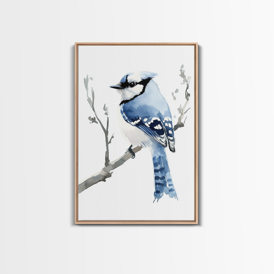 Blue Jay Perched On Branch Wall Art, Watercolor Bird Print, Woodland Nursery Decor, Nature Canvas Print, Bird Lover Gift