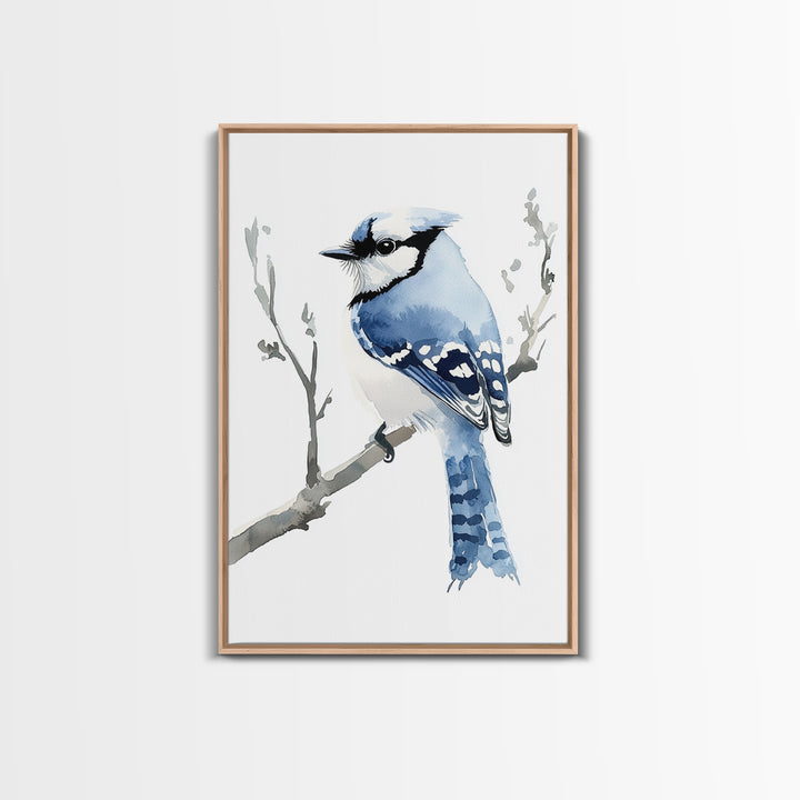 Blue Jay Perched On Branch Wall Art, Watercolor Bird Print, Woodland Nursery Decor, Nature Canvas Print, Bird Lover Gift