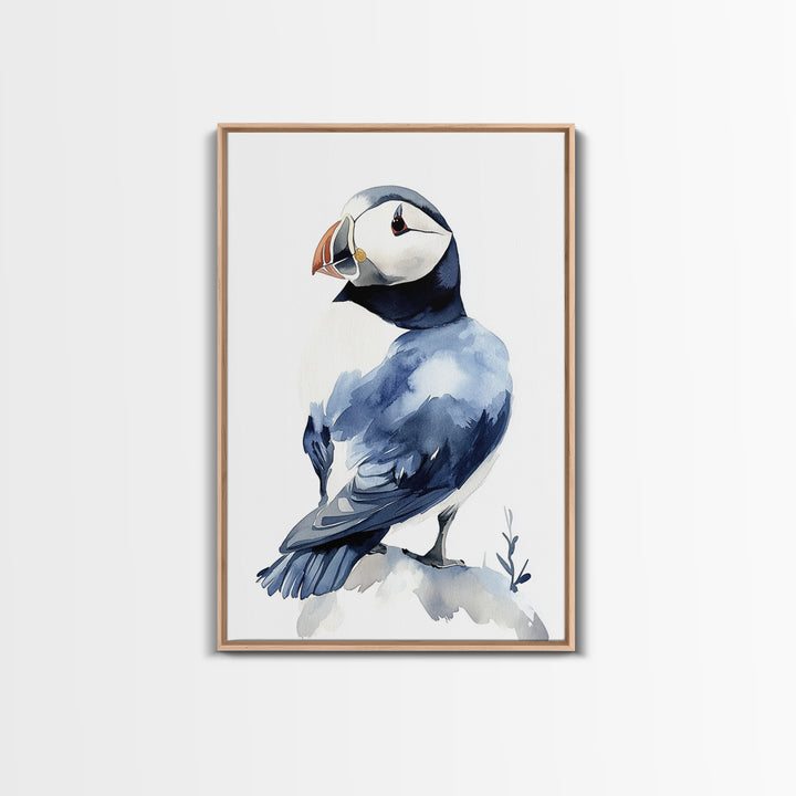 Puffin Bird Watercolor Canvas Print, Coastal Wildlife Wall Art, Nautical Nursery Decor, Ocean Animal Gift, Blue Seabird Art