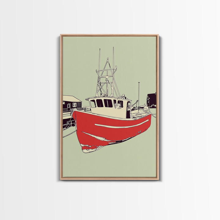 Red Fishing Boat In Harbor Wall Art, Nautical Coastal Canvas Print, Beach House Decor, Maritime Living Room Art Gift For Him