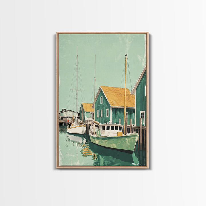 Green Fishing Boats By Dock Framed Canvas Print, Nautical Wall Art, Coastal Home Decor, Beach House Living Room Art Gift