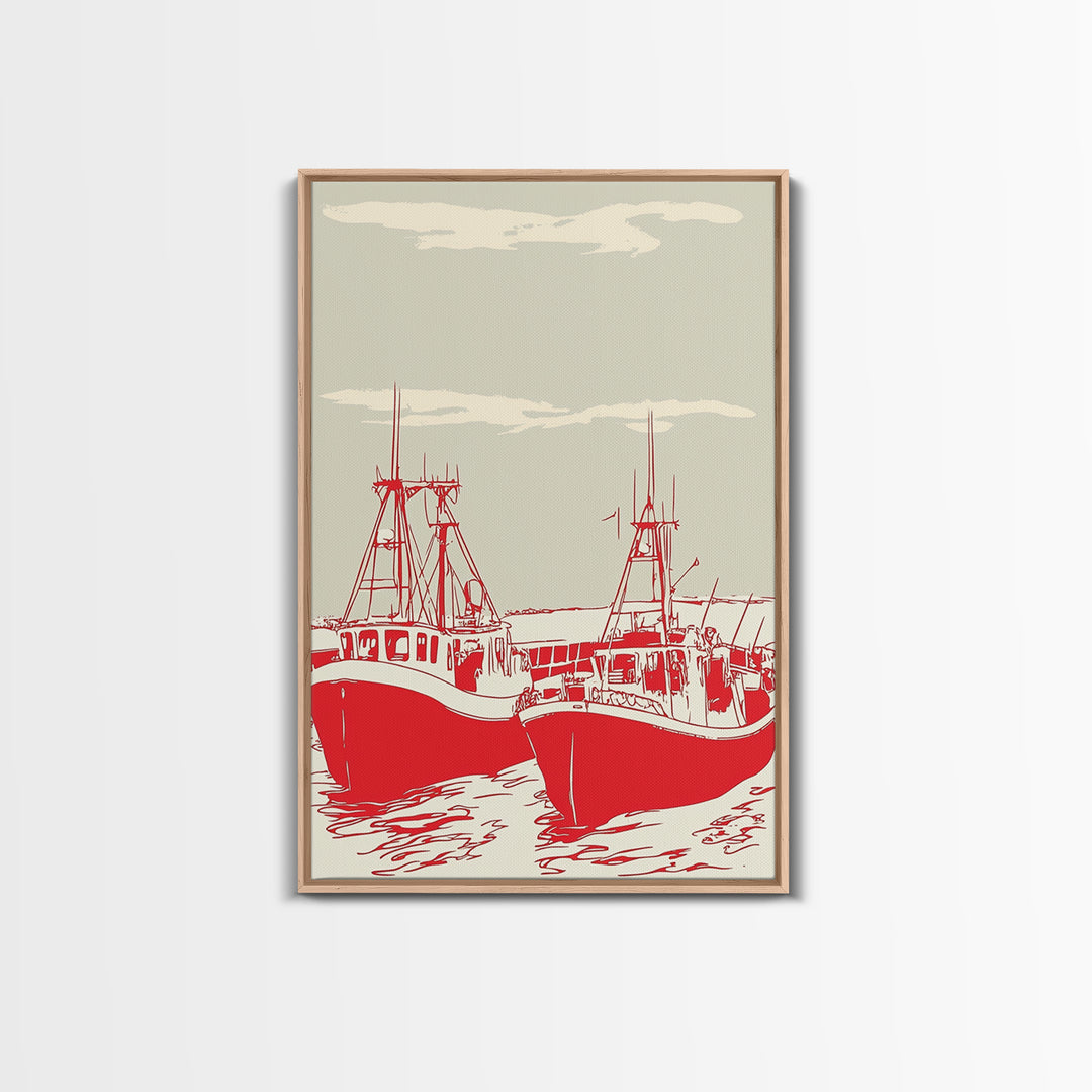 Two Red Fishing Boats At Harbor Canvas Print, Nautical Wall Art, Coastal Decor, Maritime Living Room Poster Gift For Him