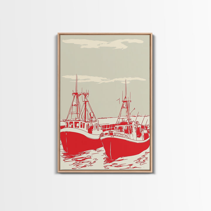 Two Red Fishing Boats At Harbor Canvas Print, Nautical Wall Art, Coastal Decor, Maritime Living Room Poster Gift For Him