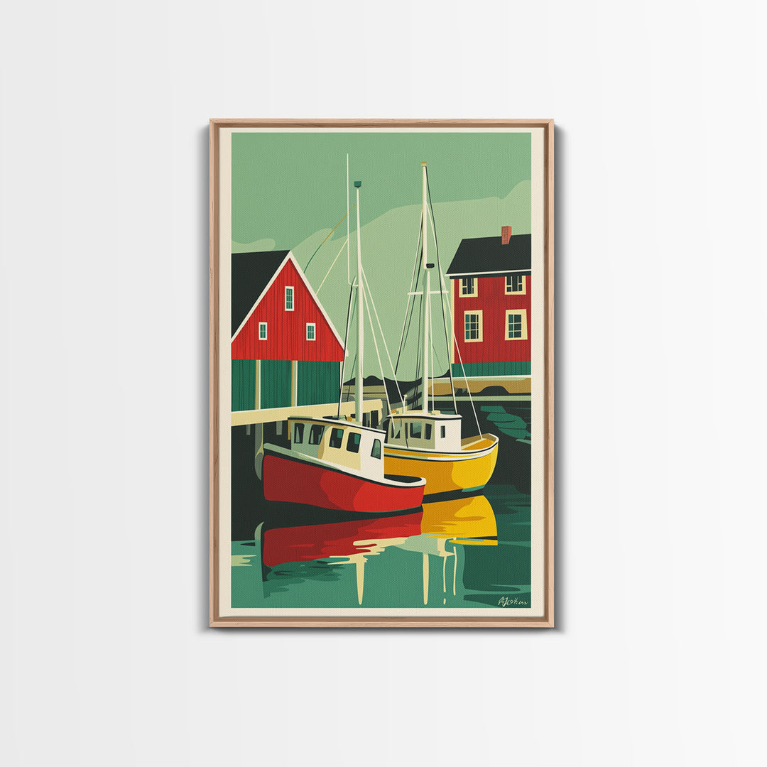 Red And Yellow Boats By Boathouse Wall Art, Nautical Coastal Canvas Print, Scandinavian Harbor Home Decor, Lake House Gift