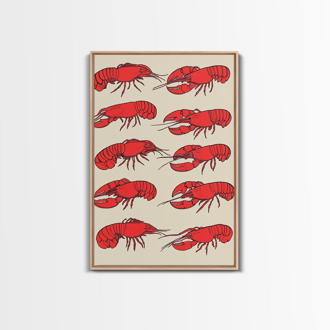 Red Lobster Pattern On Beige Wall Art, Coastal Kitchen Decor, Seafood Print, Nautical Home Decor, Beach House Dining Room Gift
