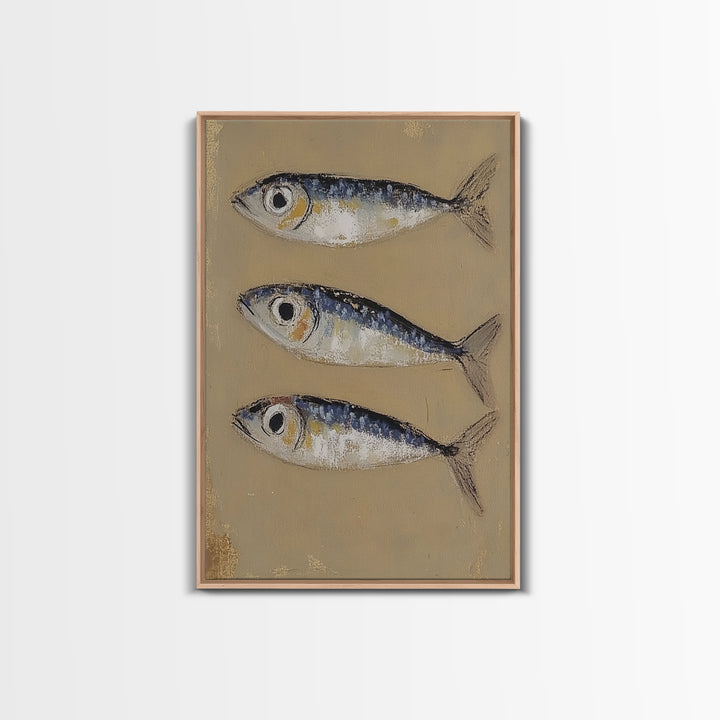 Three Blue Sardines On Beige Canvas Print, Coastal Kitchen Wall Art, Nautical Seafood Decor, Beach House Gift For Dining Room Home Decor