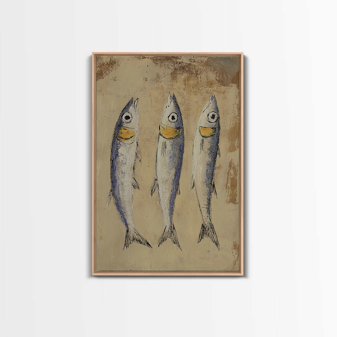 Rustic Three Sardines On Textured Beige Wall Art, Coastal Kitchen Decor, Nautical Fish Canvas Print For Beach House Dining Room