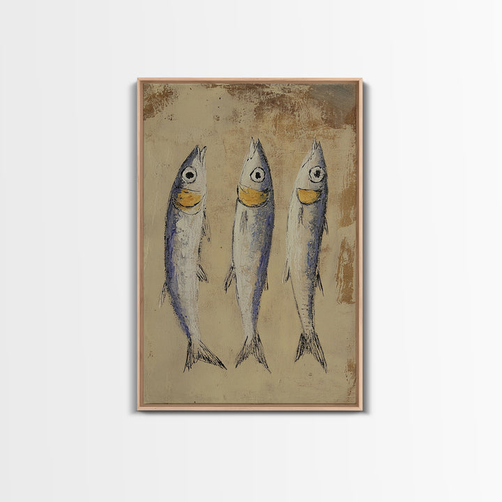 Rustic Three Sardines On Textured Beige Wall Art, Coastal Kitchen Decor, Nautical Fish Canvas Print For Beach House Dining Room