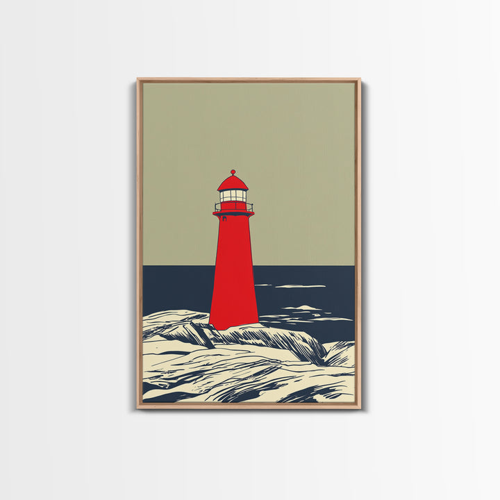 Red Lighthouse By Dark Sea Canvas Print, Nautical Wall Art, Coastal Beach House Decor, Ocean Poster For Living Room Home Decor