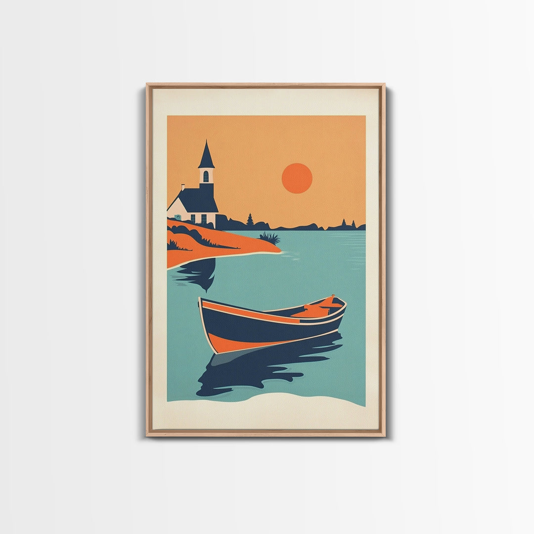 Orange Sunset Boat And Church Wall Art, Coastal Travel Poster, Lake House Decor, Nautical Canvas Print, Summer Beach Gift
