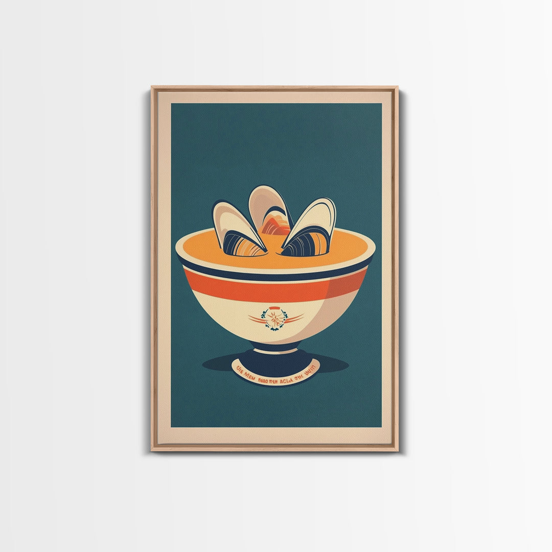 Retro Mussel Bowl Seafood Canvas Print, Coastal Kitchen Wall Art, Nautical Dining Room Decor, Shellfish Art Print Gift For Foodie