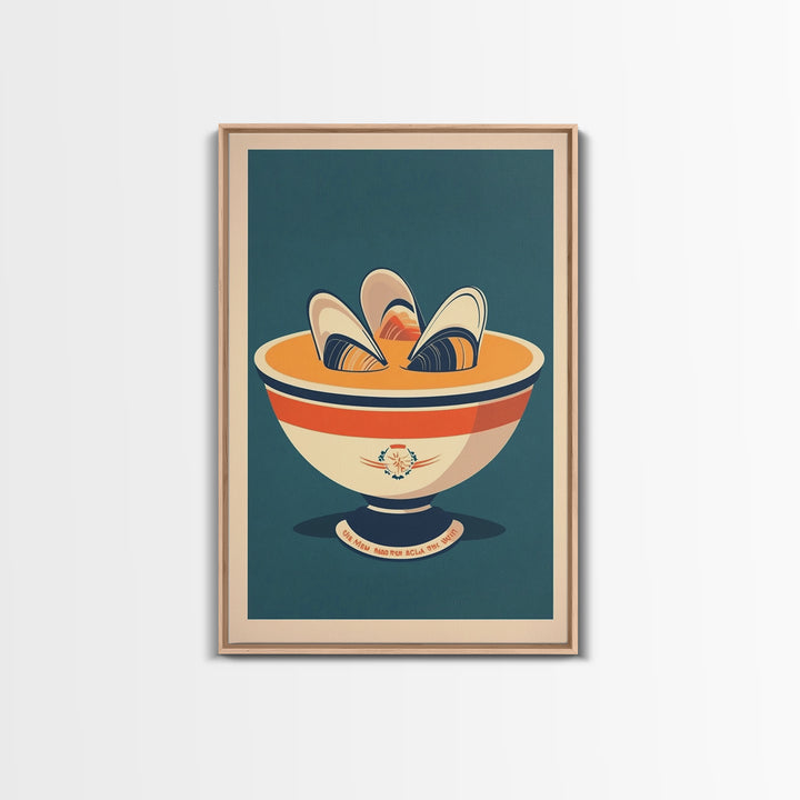 Retro Mussel Bowl Seafood Canvas Print, Coastal Kitchen Wall Art, Nautical Dining Room Decor, Shellfish Art Print Gift For Foodie