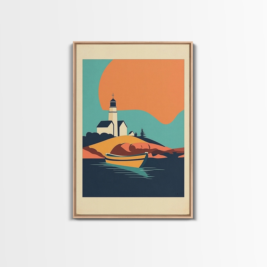 Lighthouse Cove With Rowboat Framed Canvas Print, Coastal Wall Art, Nautical Lake House Decor, Sunset Travel Poster Gift