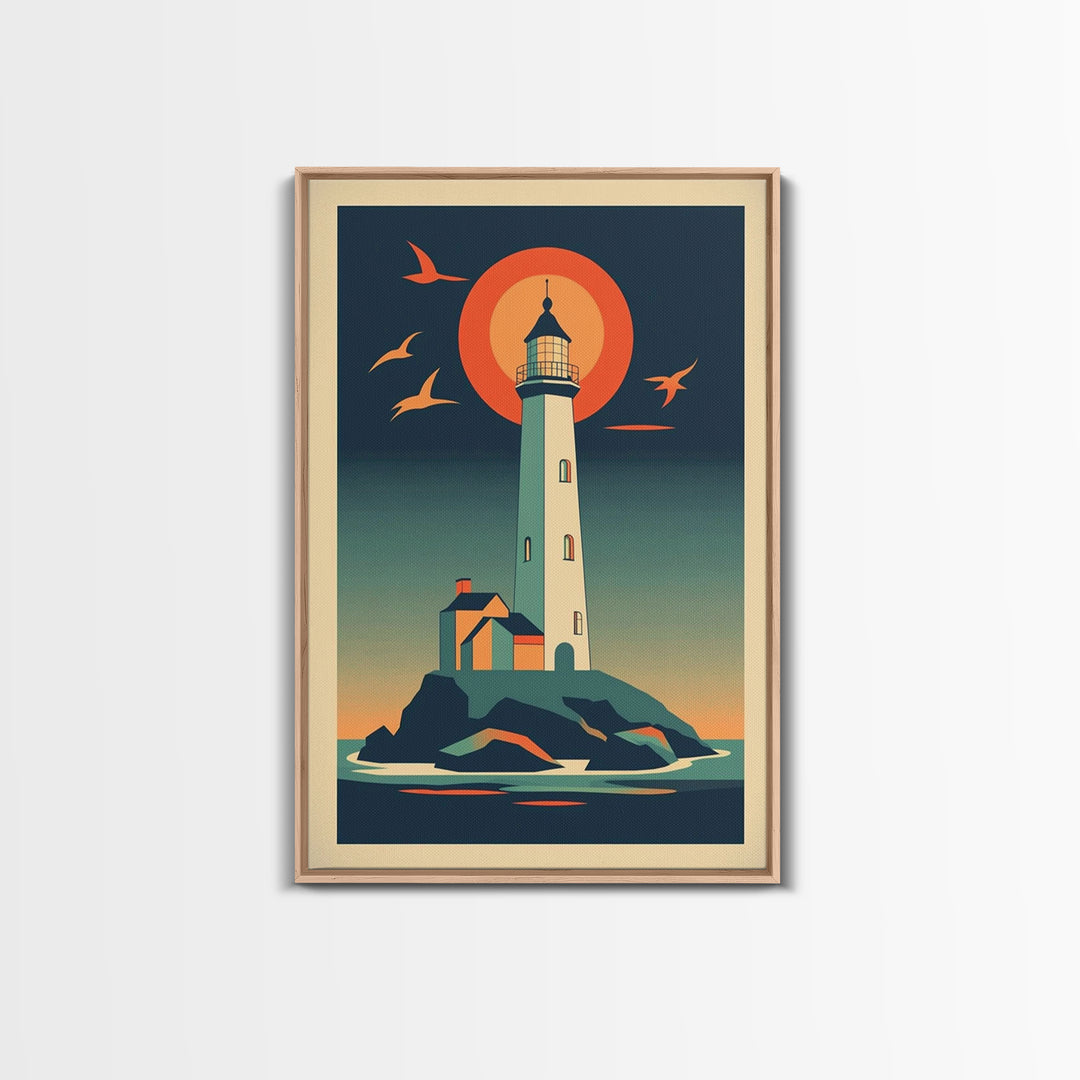 Retro Lighthouse At Sunset With Orange Sun And Seabirds Wall Art, Coastal Wall Decor, Nautical Art Print, Beach House Decor