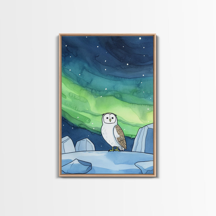 Snowy Owl Under Northern Lights Wall Art, Aurora Sky Canvas Print, Celestial Wall Decor, Arctic Nursery Art, Nature Gift