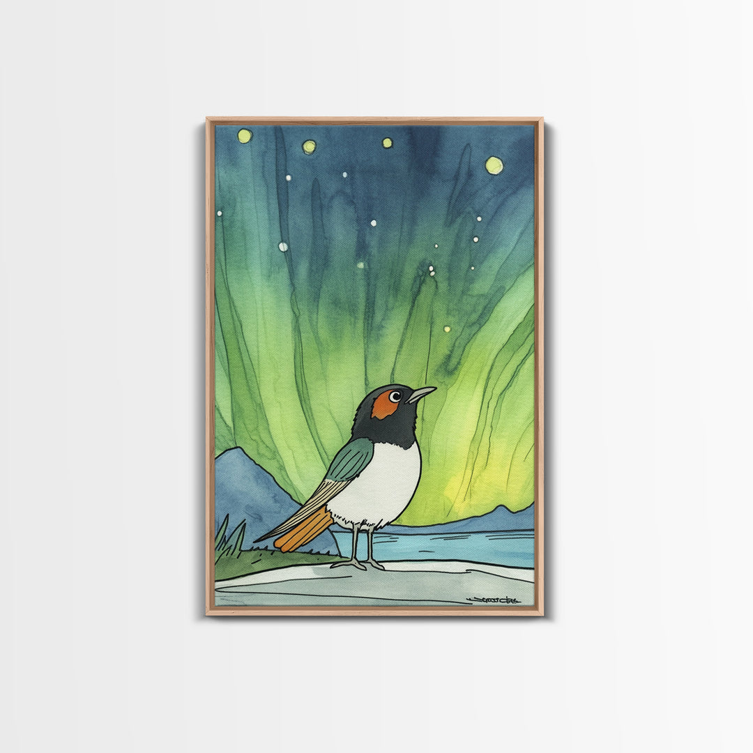 Robin Bird Beneath Green Northern Lights Canvas Print, Aurora Wall Art, Celestial Decor, Nature Wall Decor, Whimsical Art