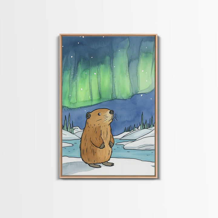 Whimsical Beaver Aurora Wall Art, Northern Lights Animal Print, Winter Nursery Decor, Woodland Animal Gift, Cozy Kids Room Decor