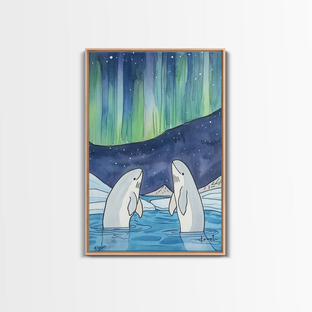 Northern Lights Beluga Whales Canvas Print, Aurora Borealis Ocean Wall Art, Arctic Nursery Decor, Coastal Wall Decor, Gift For Her