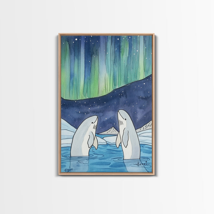 Northern Lights Beluga Whales Canvas Print, Aurora Borealis Ocean Wall Art, Arctic Nursery Decor, Coastal Wall Decor, Gift For Her