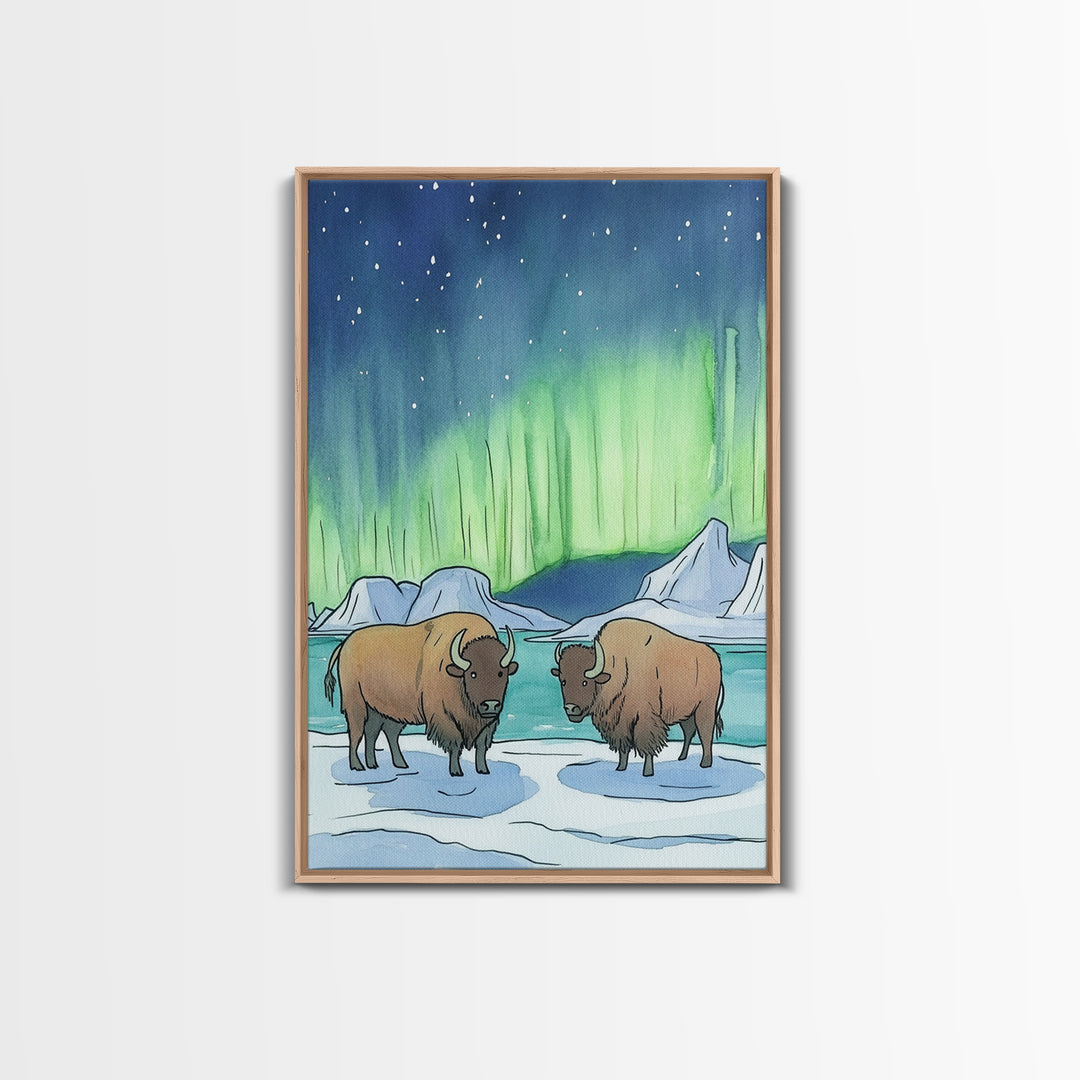Aurora Bison In Snow Framed Canvas Print, Northern Lights Wall Art, Rustic Wildlife Art, Winter Nature Decor, Cabin Decor