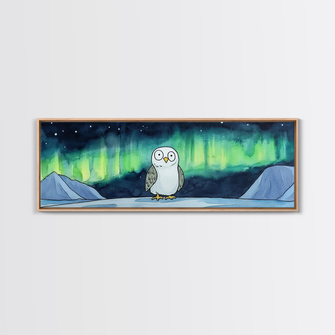 Northern Lights Owl Wall Art, Aurora Borealis Canvas Print, Whimsical Arctic Animal Decor, Kids Room Nursery Art Gift For Kids