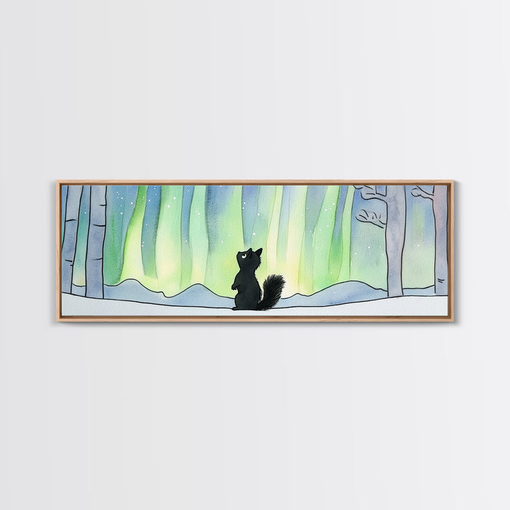 Black Squirrel Under Aurora Forest Wall Art, Winter Woodland Animal Print, Cute Nursery Decor, Northern Lights Wall Decor