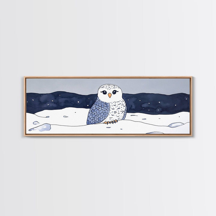 Cute Snowy Owl In Winter Snow Canvas Print, Arctic Bird Wall Art, Nursery Animal Decor, Blue Night Landscape Art Print Gift