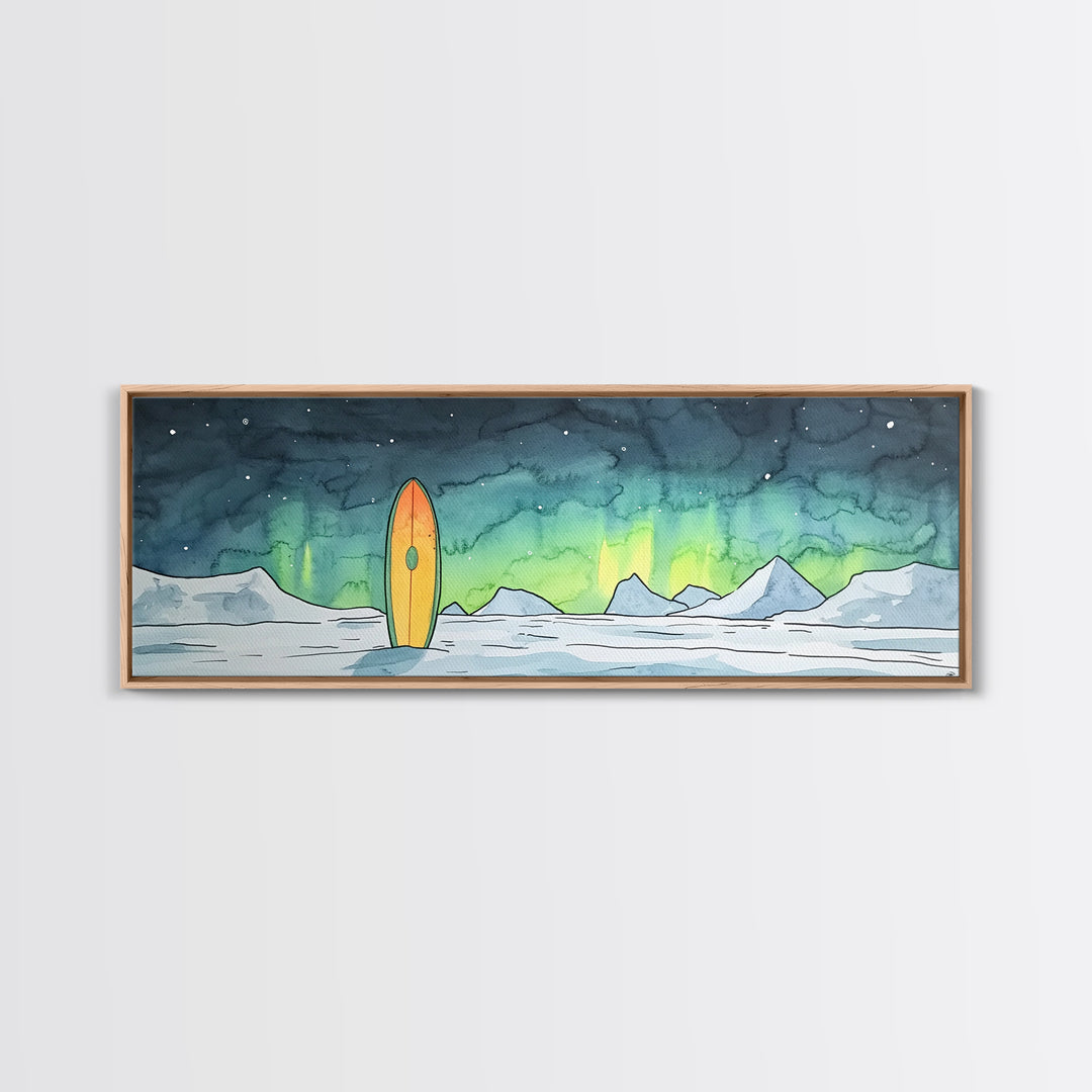 Aurora Surfboard Arctic Mountains Wall Art, Panoramic Canvas Print, Coastal Cabin Decor, Winter Landscape Gift For Beach House