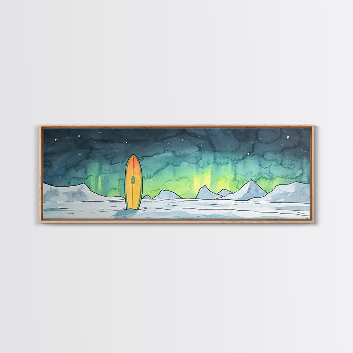 Aurora Surfboard Arctic Mountains Wall Art, Panoramic Canvas Print, Coastal Cabin Decor, Winter Landscape Gift For Beach House