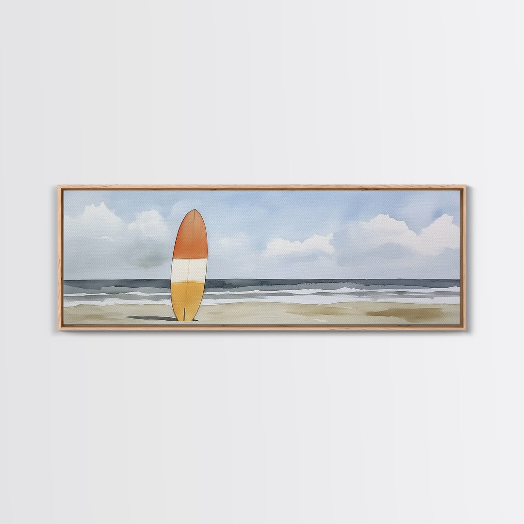 Orange Surfboard On Misty Beach Wall Art, Framed Canvas Print, Coastal Wall Decor, Surf Poster For Beach House Decor Living Room Art