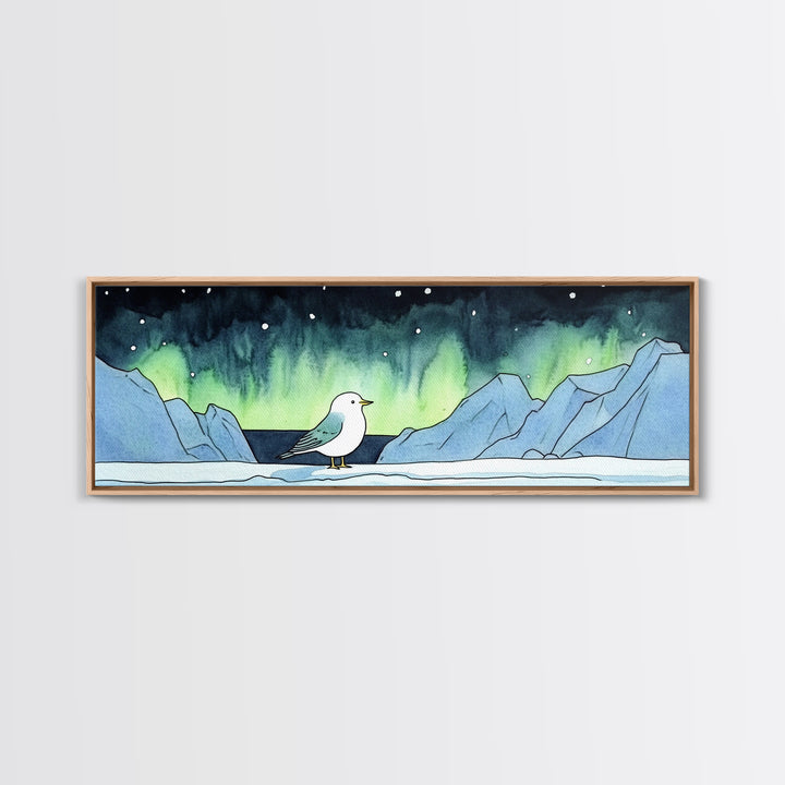 Seagull Under Aurora Mountains Wall Art, Panoramic Canvas Print, Coastal Bird Art, Nautical Nursery Decor, Ocean Gift For Her
