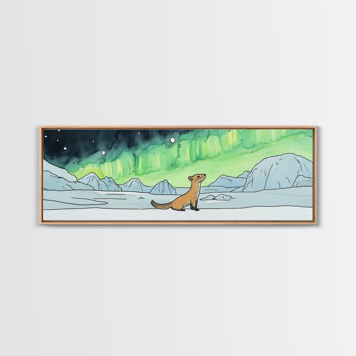 Playful Arctic Weasel Under Aurora Wall Art, Framed Canvas Print, Wildlife Wall Decor, Whimsical Nursery Art Gift For Kids Room
