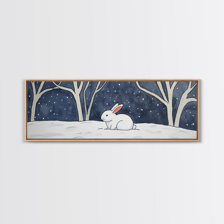 White Rabbit In Snowy Forest Wall Art, Framed Canvas Print, Woodland Nursery Decor, Whimsical Animal Art For Kids Room Gift