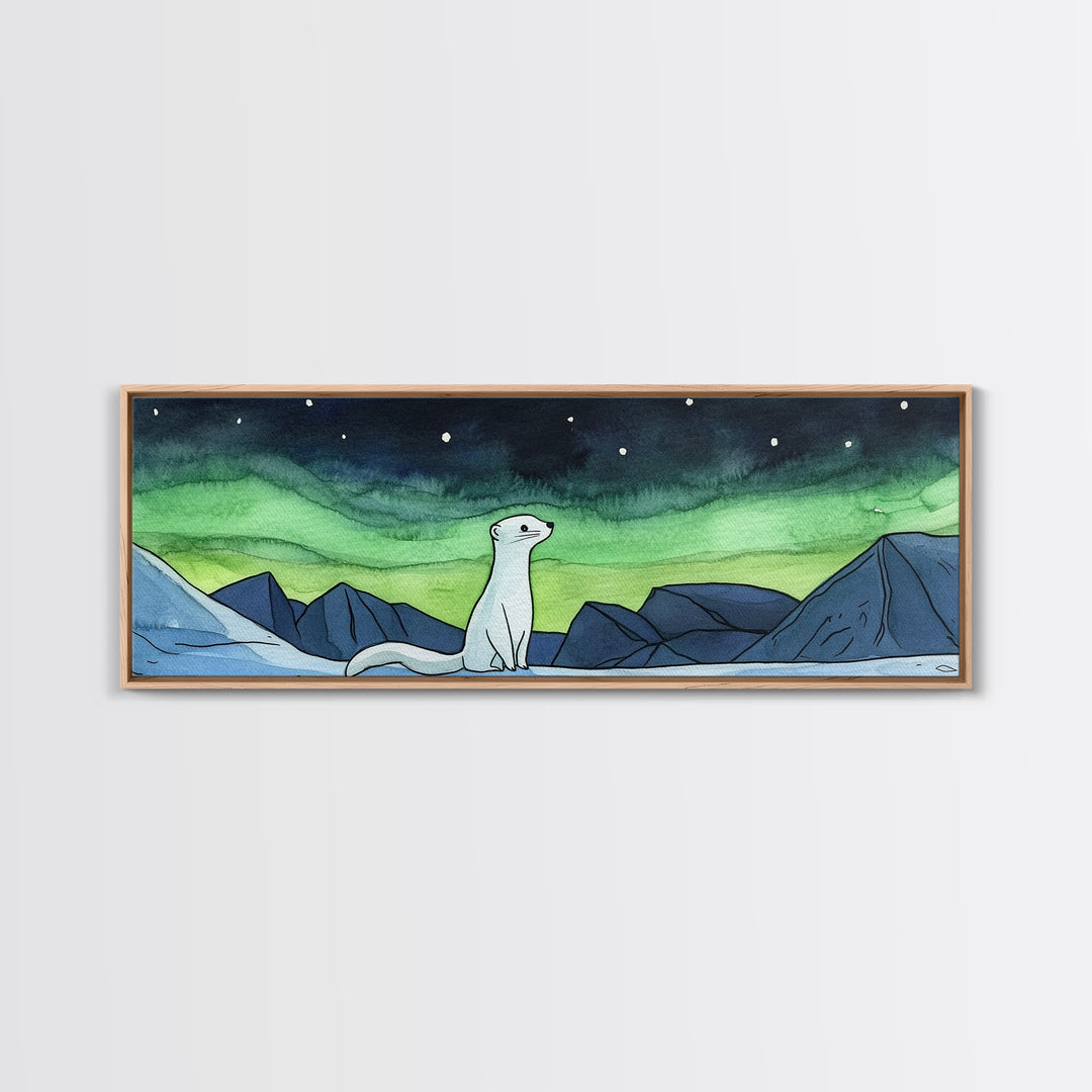 White Arctic Ermine Aurora Mountains Wall Art, Panoramic Canvas Print, Wildlife Wall Decor, Winter Nursery Art For Kids Room