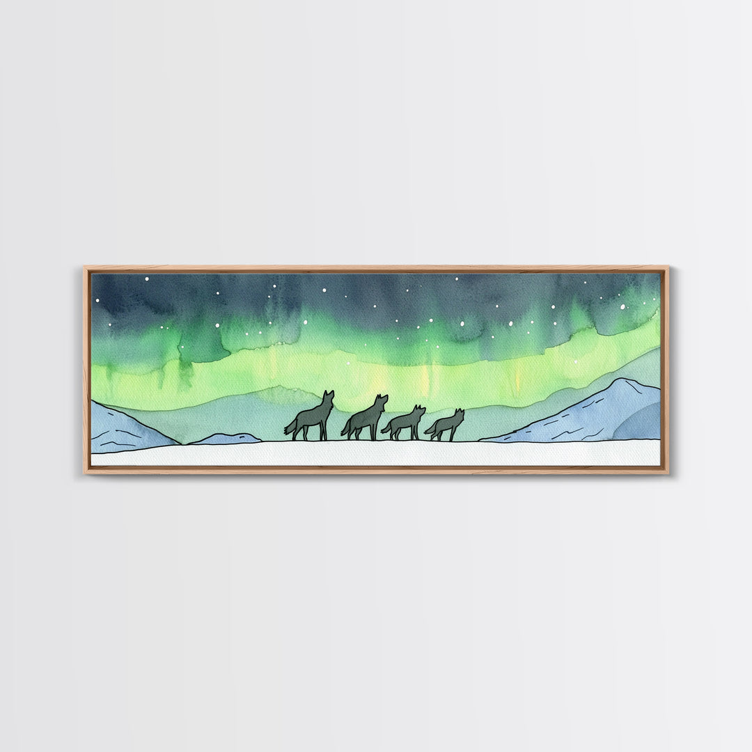 Howling Wolves Beneath Northern Lights Wall Art, Wildlife Canvas Print, Winter Mountain Decor, Aurora Landscape Print, Cabin Art