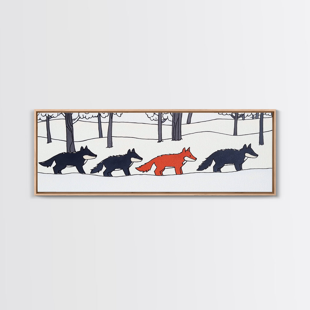 Red Fox Walking With Black Wolves Wall Art, Woodland Animal Canvas Print, Snowy Forest Nursery Decor, Whimsical Wildlife Art