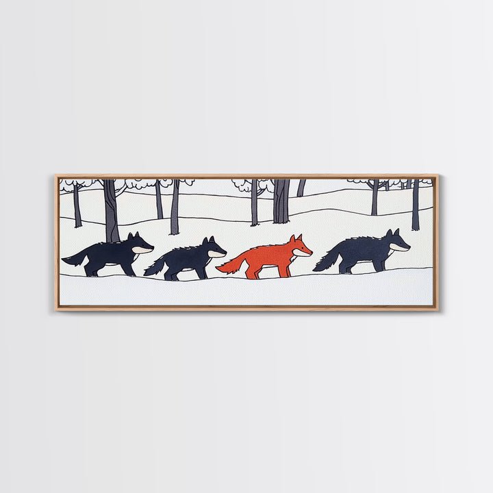 Red Fox Walking With Black Wolves Wall Art, Woodland Animal Canvas Print, Snowy Forest Nursery Decor, Whimsical Wildlife Art
