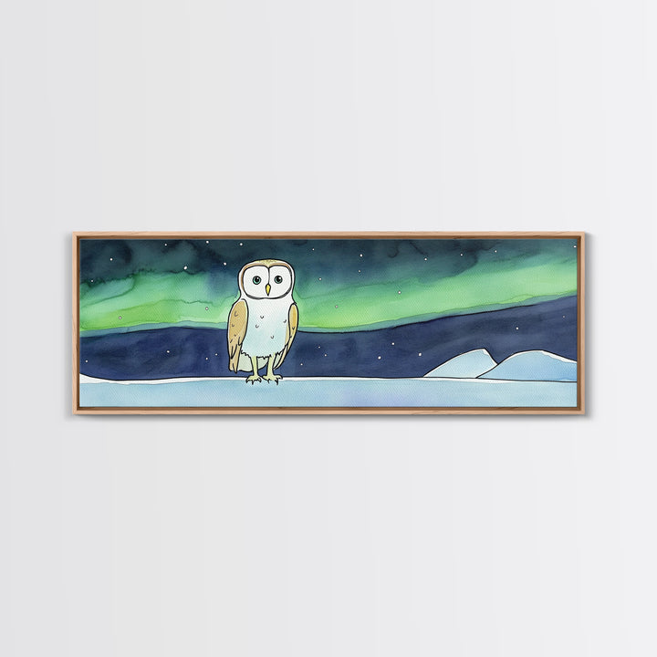 Whimsical Barn Owl Under Aurora Wall Art, Arctic Night Canvas Print, Nursery Decor, Celestial Kids Room Gift, Bedroom Decor
