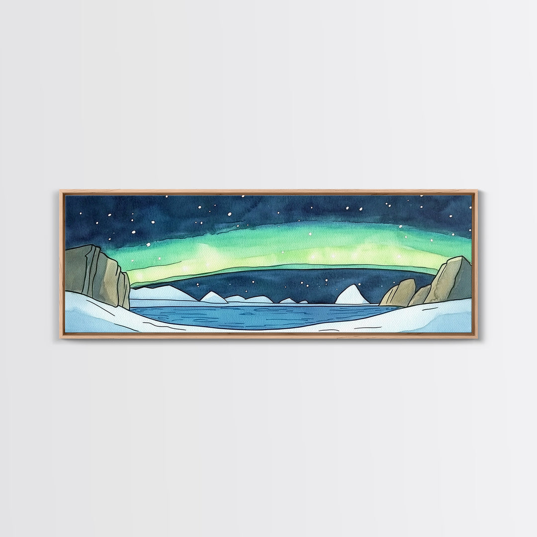 Arctic Aurora Over Icy Sea Wall Art, Northern Lights Landscape Canvas Print, Panoramic Coastal Decor, Statement Artwork Gift